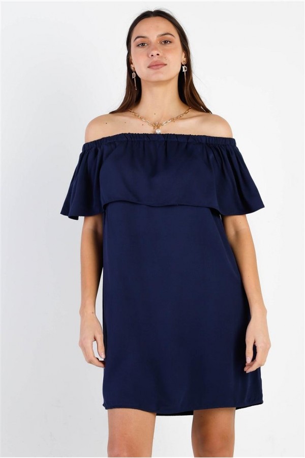 Off-The-Shoulder Neckline Ruffle Overlay Mini Dress