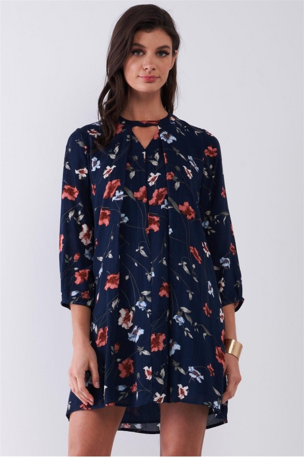 Navy Multicolor Floral Print Long Sleeve Pleated Front V-Neck Loose Mini Dress