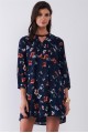 Navy Multicolor Floral Print Long Sleeve Pleated Front V-Neck Loose Mini Dress