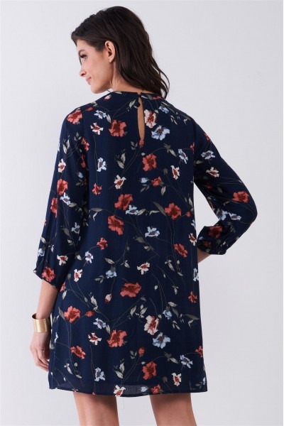 Navy Multicolor Floral Print Long Sleeve Pleated Front V-Neck Loose Mini Dress