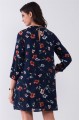 Navy Multicolor Floral Print Long Sleeve Pleated Front V-Neck Loose Mini Dress