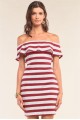 Burgundy White Striped Sleeveless Off-The-Shoulder Flare Hem Ribbed Bodycon Mini Dress