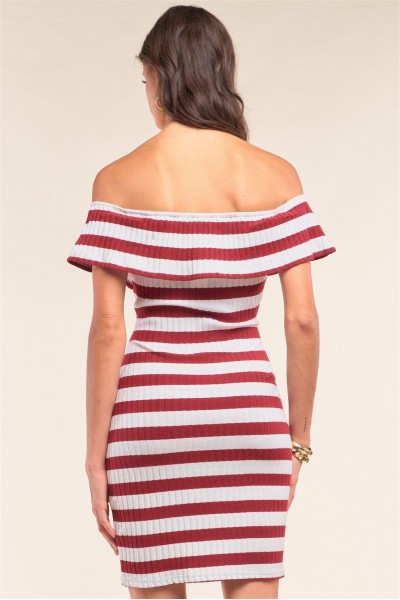 Burgundy White Striped Sleeveless Off-The-Shoulder Flare Hem Ribbed Bodycon Mini Dress