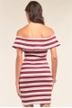 Burgundy White Striped Sleeveless Off-The-Shoulder Flare Hem Ribbed Bodycon Mini Dress