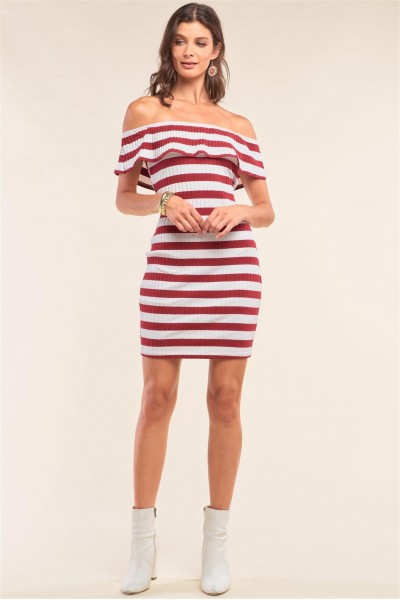 Burgundy White Striped Sleeveless Off-The-Shoulder Flare Hem Ribbed Bodycon Mini Dress