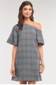 Grey Checkered One-Shoulder Relaxed Fit Mini Dress