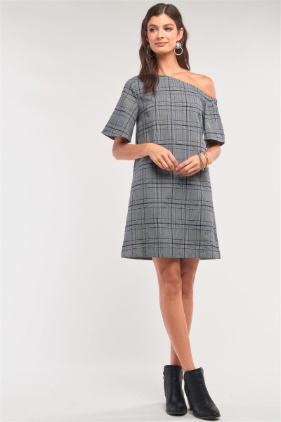 Grey Checkered One-Shoulder Relaxed Fit Mini Dress