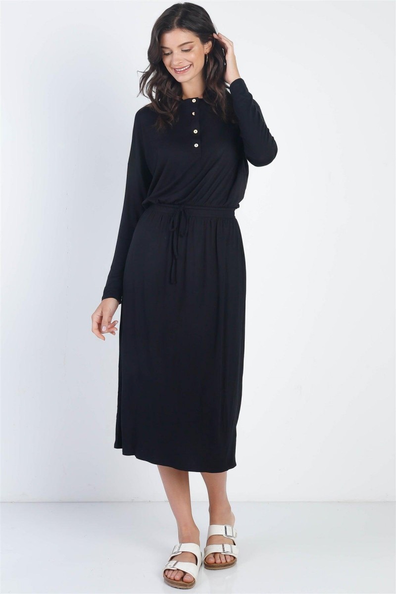 Black Button Up Neck Detail Fitted Waist Midi Dress /1-1-1