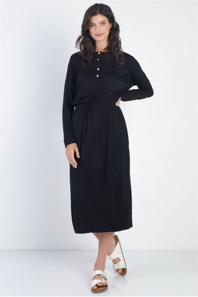 Black Button Up Neck Detail Fitted Waist Midi Dress /1-1-1