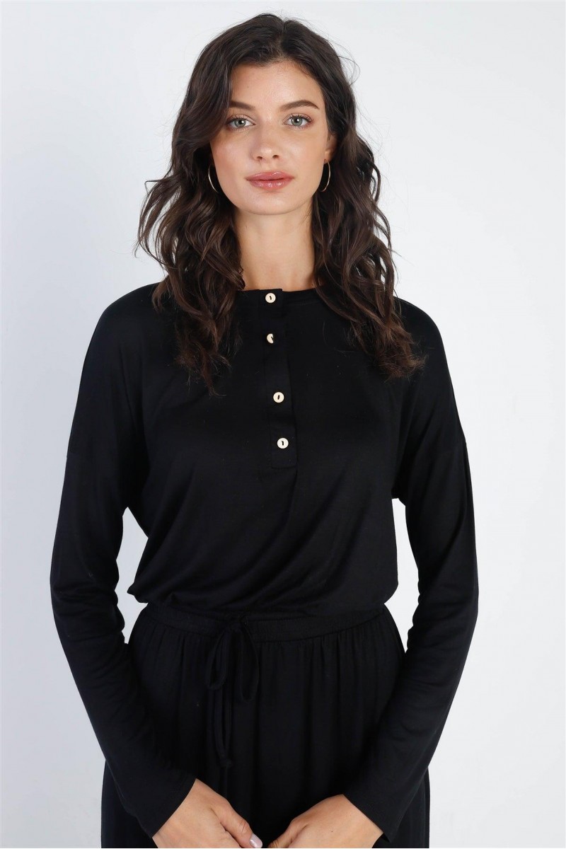 Black Button Up Neck Detail Fitted Waist Midi Dress /1-2