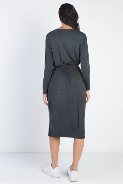 Charcoal Button Up Neck Detail Fitted Waist Midi Dress /1-1-1