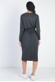 Charcoal Button Up Neck Detail Fitted Waist Midi Dress /1-1-1