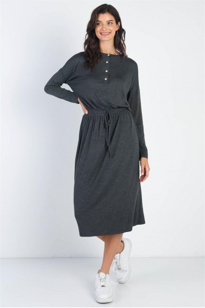 Charcoal Button Up Neck Detail Fitted Waist Midi Dress /1-1-1