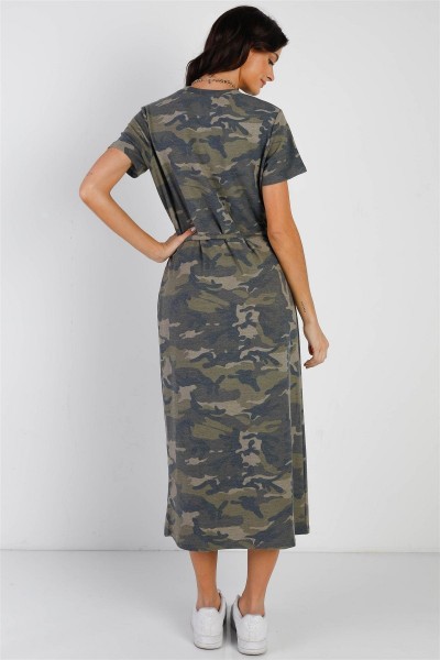 Dark Camo Self-Tie Belted Short Sleeve Midi Dress