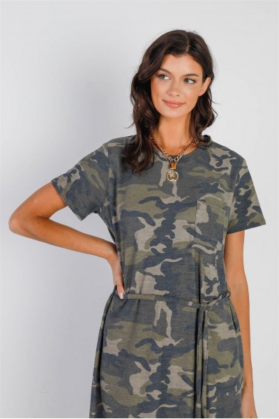 Dark Camo Self-Tie Belted Short Sleeve Midi Dress