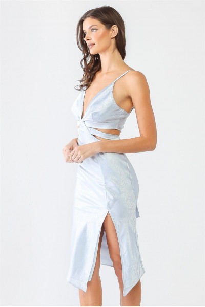 Satin Cut-Out Detail V-Neck Self-Tie Side Slit Midi Dress