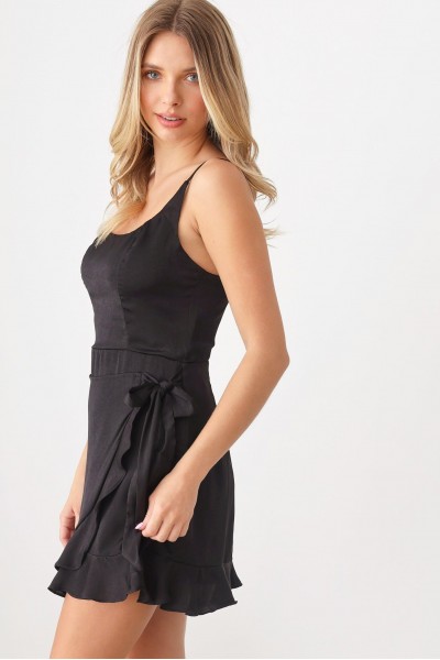 Warp Front Tie Satin Adjustable Shoulder Strap Ruffle Hem Dress