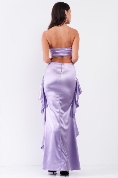 Lilac Satin Effect Sleeveless Sweetheart Neckline Open Back Ruffle Side Detail Maxi Dress /3-2-1