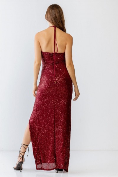 Sequin Halter Neck Sleeveless Cut-Out Ruched Detail Maxi Dress