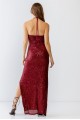 Sequin Halter Neck Sleeveless Cut-Out Ruched Detail Maxi Dress