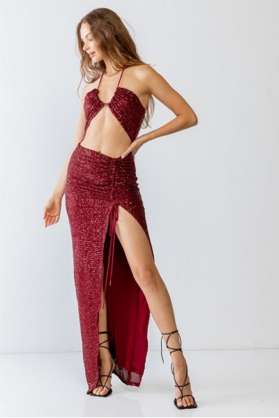 Sequin Halter Neck Sleeveless Cut-Out Ruched Detail Maxi Dress