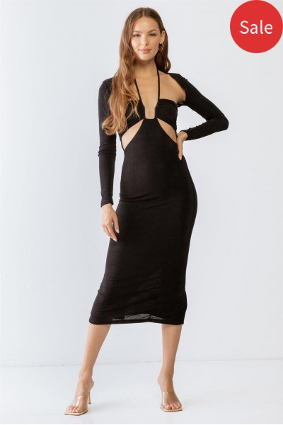 Black Cut-Out Sleeveless Midi Dress & Open Front Long Sleeve Cover-Up Set /3-2-1