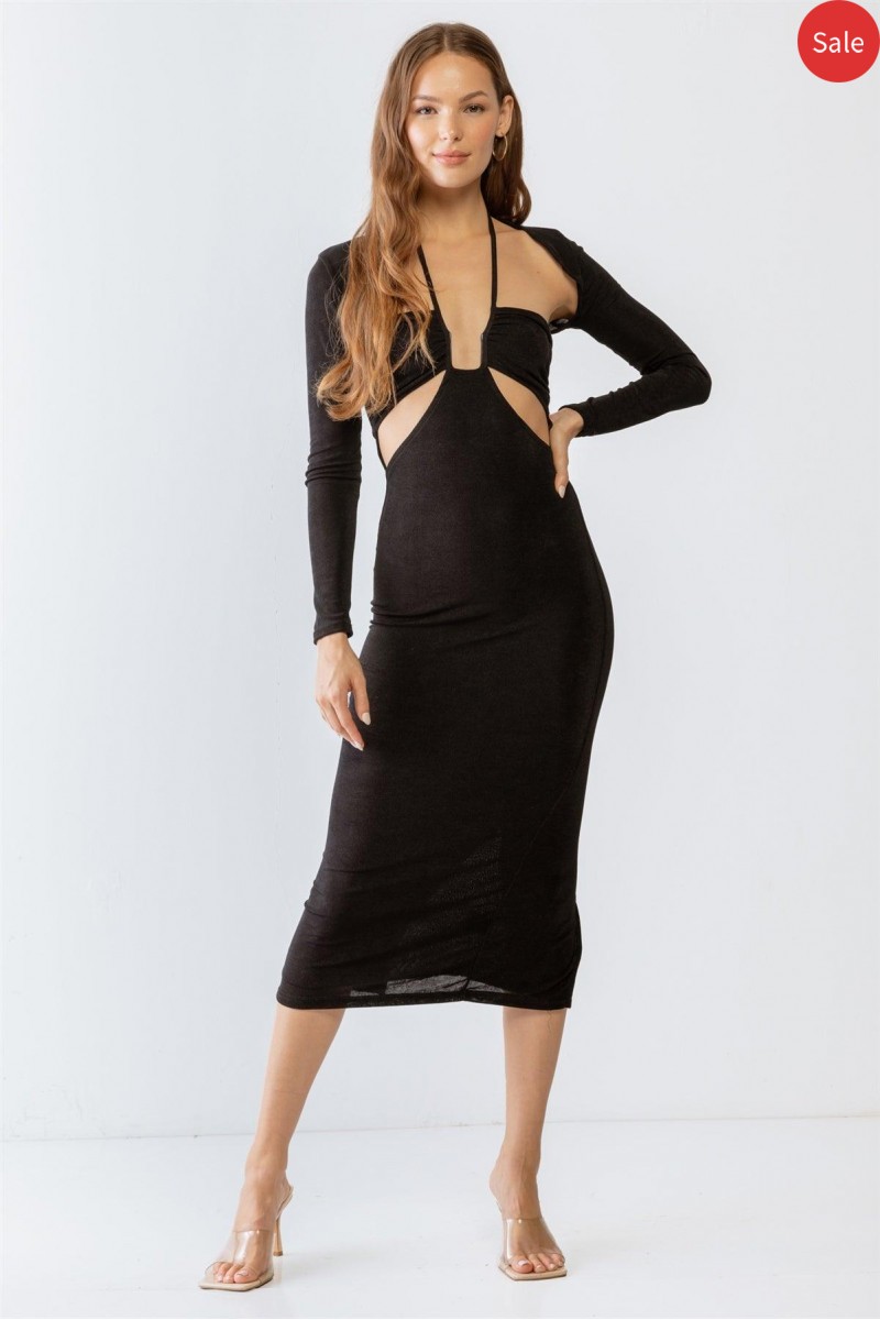 Black Cut-Out Sleeveless Midi Dress & Open Front Long Sleeve Cover-Up Set /3-2-1