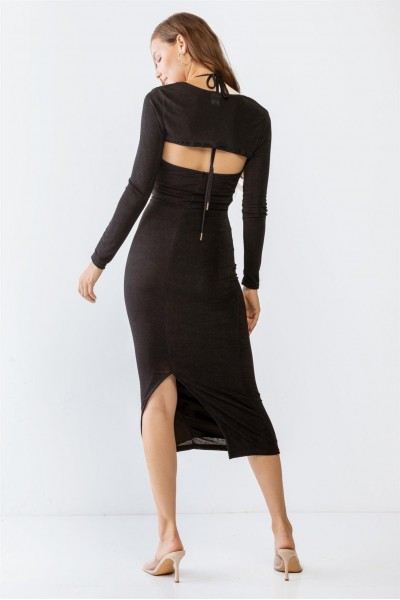 Black Cut-Out Sleeveless Midi Dress & Open Front Long Sleeve Cover-Up Set /3-2-1