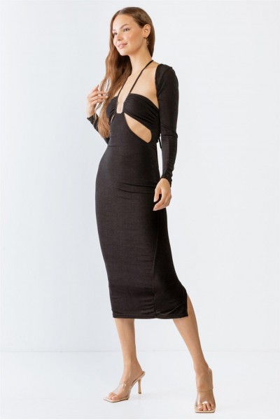 Black Cut-Out Sleeveless Midi Dress & Open Front Long Sleeve Cover-Up Set /3-2-1