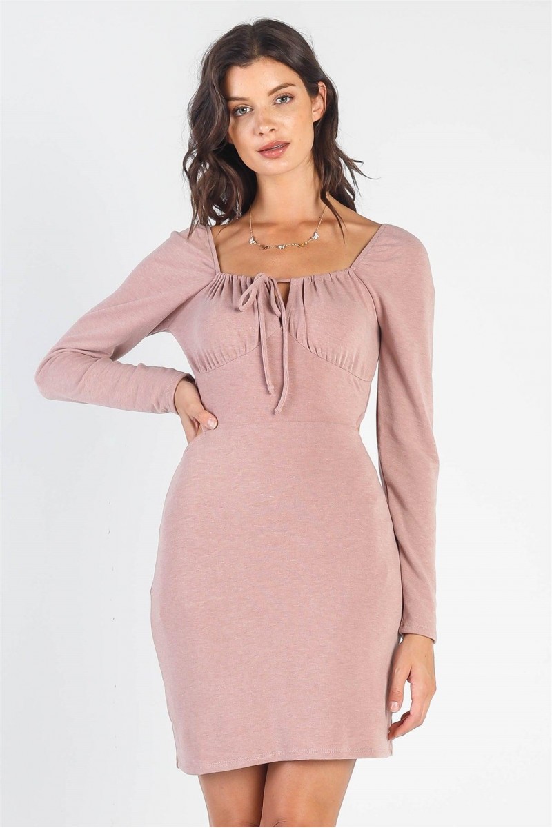 Dusty-Mauve Bust Self-Tie Cut-Out Long Sleeve Mini Dress /3-2-1