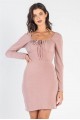 Dusty-Mauve Bust Self-Tie Cut-Out Long Sleeve Mini Dress /3-2-1