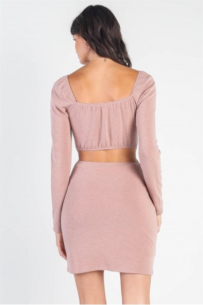 Dusty-Mauve Bust Self-Tie Cut-Out Long Sleeve Mini Dress /3-2-1