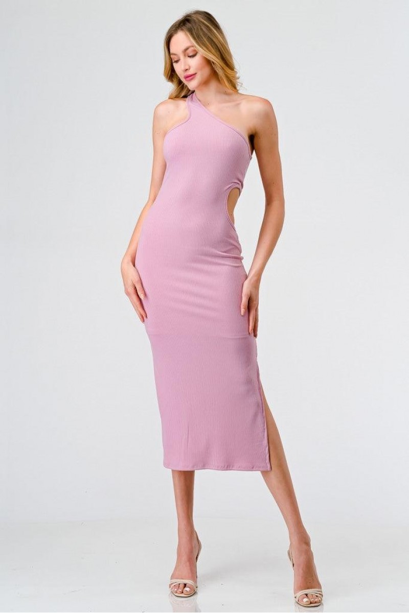 Pink Ribbed One Shoulder Cut-Out Side Midi Dress /1-2-2-1