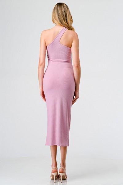 Pink Ribbed One Shoulder Cut-Out Side Midi Dress /1-2-2-1