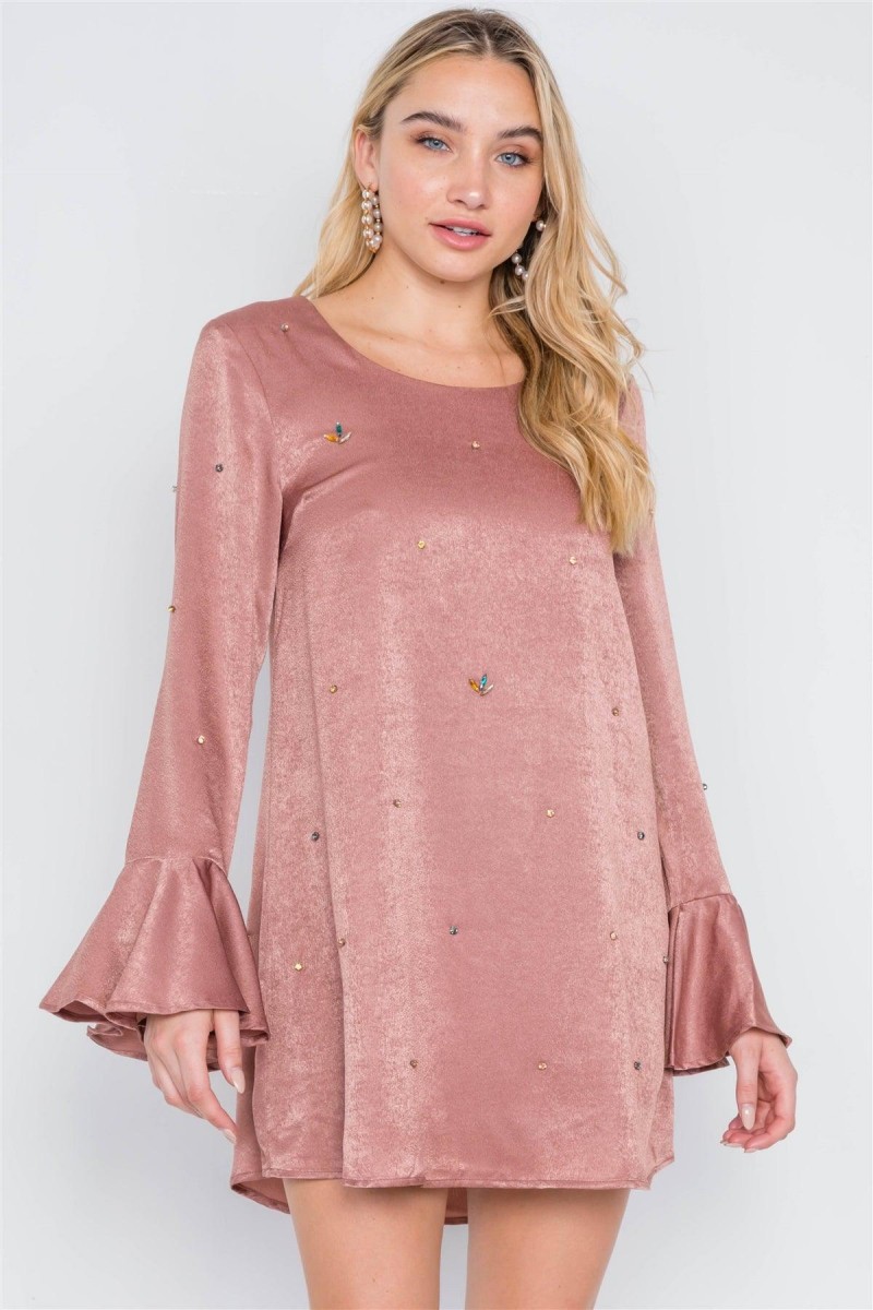 Mauve Long Bell Sleeves Rhinestone Mini Dress