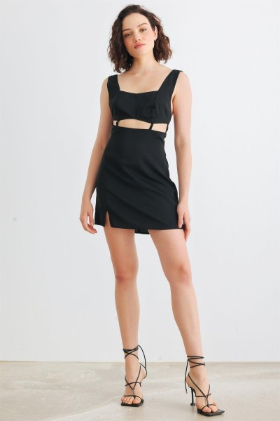 Black Sleeveless Cut-Out Detail Square Neck Back Criss-Cross Mini Dress /1-2-2-1