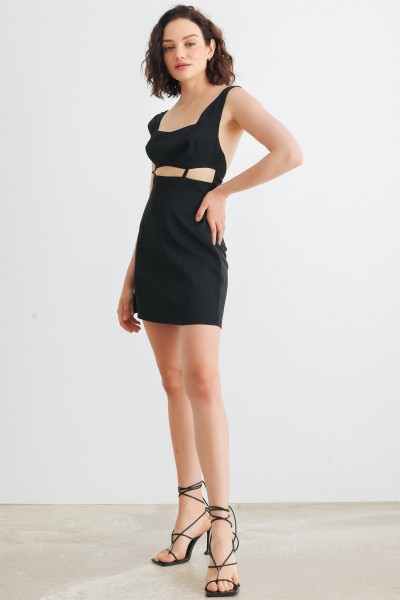 Black Sleeveless Cut-Out Detail Square Neck Back Criss-Cross Mini Dress /1-2-2-1