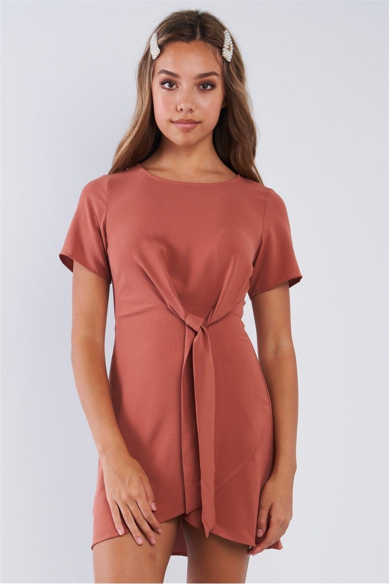 Short Sleeve Knotted Crew Neck Chic Mini Dress