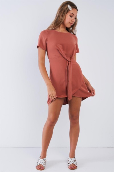 Short Sleeve Knotted Crew Neck Chic Mini Dress