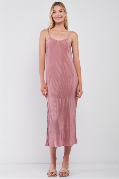 Dusty Pink Pleated Sleeveless Round Neck Side Slit Detail Midi Dress