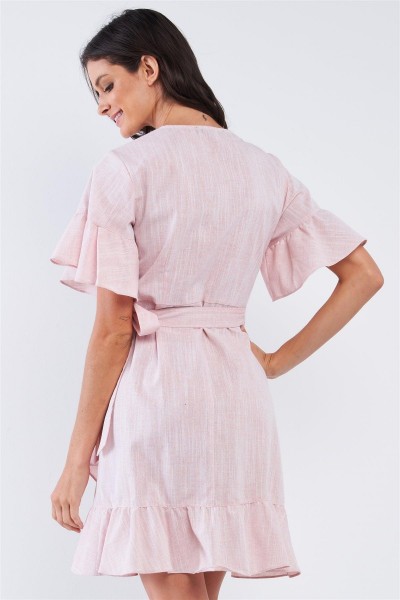 Pastel Pink Deep Plunge V-Neck Ruffle Hem Self-Tie Waist Wrap Mini Dress