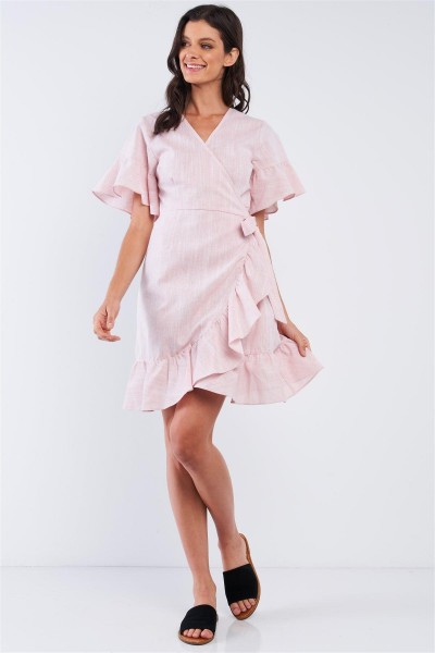 Pastel Pink Deep Plunge V-Neck Ruffle Hem Self-Tie Waist Wrap Mini Dress