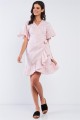 Pastel Pink Deep Plunge V-Neck Ruffle Hem Self-Tie Waist Wrap Mini Dress