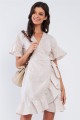 Tan Beige Deep Plunge V-Neck Ruffle Hem Self-Tie Waist Wrap Mini Dress