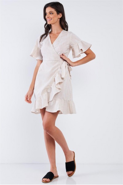 Tan Beige Deep Plunge V-Neck Ruffle Hem Self-Tie Waist Wrap Mini Dress