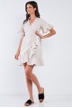 Tan Beige Deep Plunge V-Neck Ruffle Hem Self-Tie Waist Wrap Mini Dress