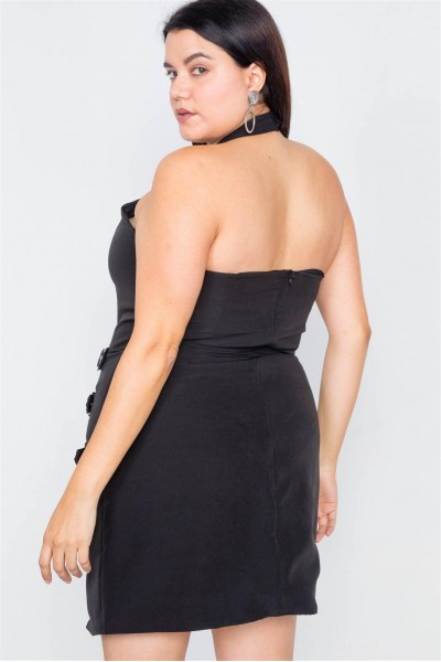 Plus Size Black Halter Buckle Hip Mini Dress