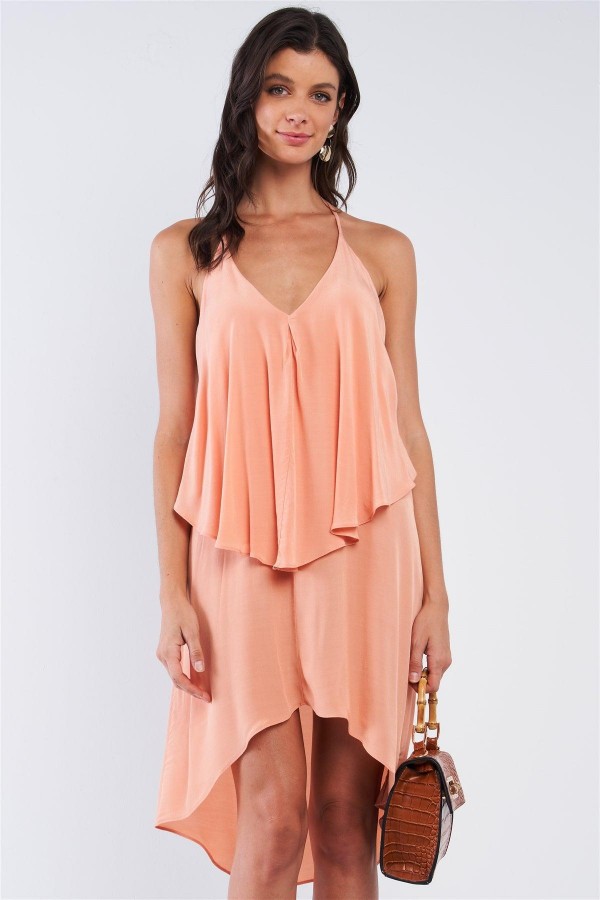 Peach Asymmetrical Sleeveless Deep Plunge V-Neck Layered Flowy Self-Tie Back T-Shaped Halter Neck Tie Mini Dress