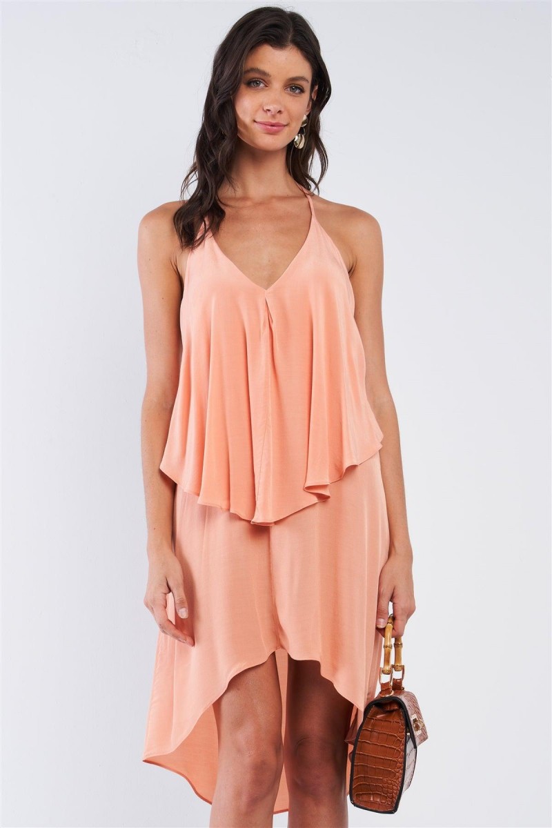 Peach Asymmetrical Sleeveless Deep Plunge V-Neck Layered Flowy Self-Tie Back T-Shaped Halter Neck Tie Mini Dress