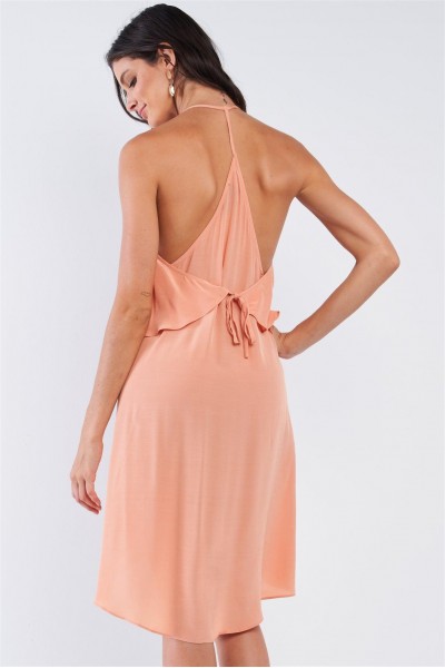 Peach Asymmetrical Sleeveless Deep Plunge V-Neck Layered Flowy Self-Tie Back T-Shaped Halter Neck Tie Mini Dress